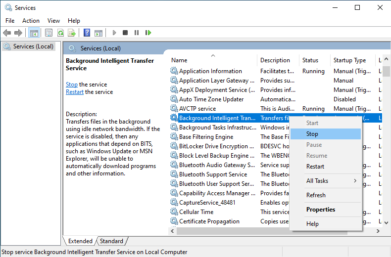 stop background intelligent transfer service