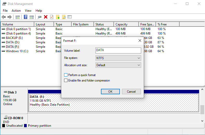 Uncheck perform a quick format