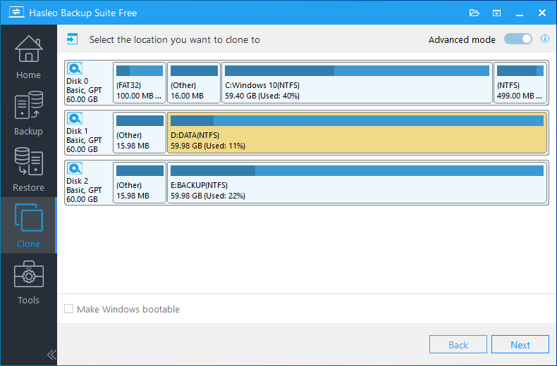 partition clone select contiguous space as destination