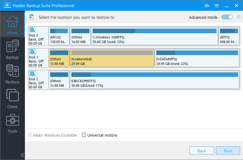 system restore select contiguous space as destination