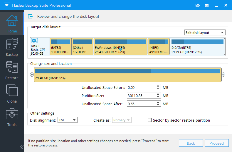 adjust partitions to restore system to contiguous space