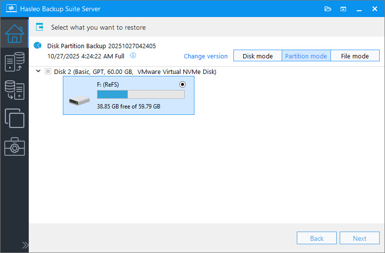 select parition to restore