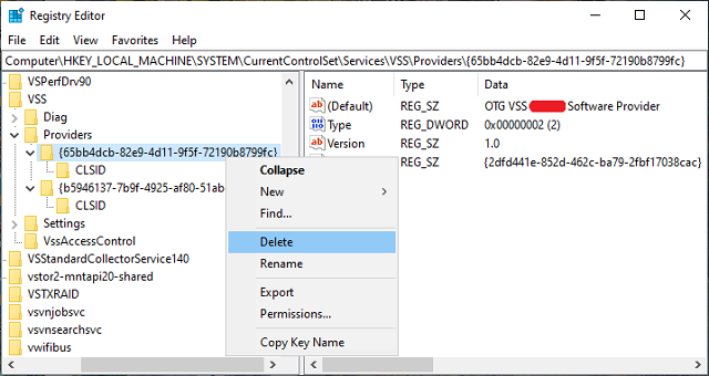 remove registry key for vss providers
