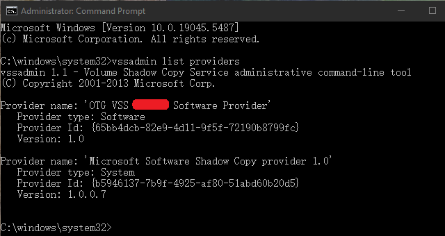 vssadmin list providers
