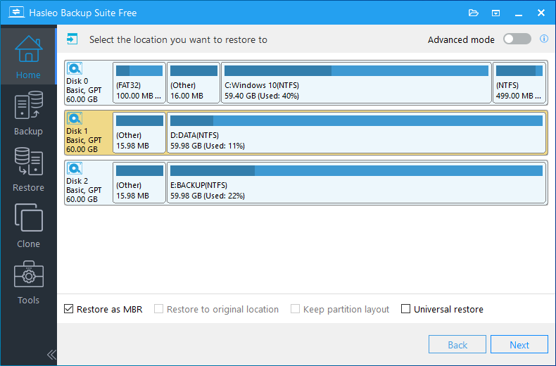 select destination disk to restore gpt system to mbr