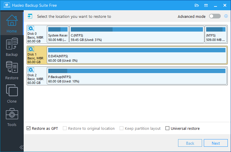 select destination disk to restore mbr system to gpt