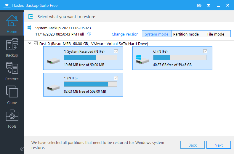 select backup version to restore mbr system to gpt