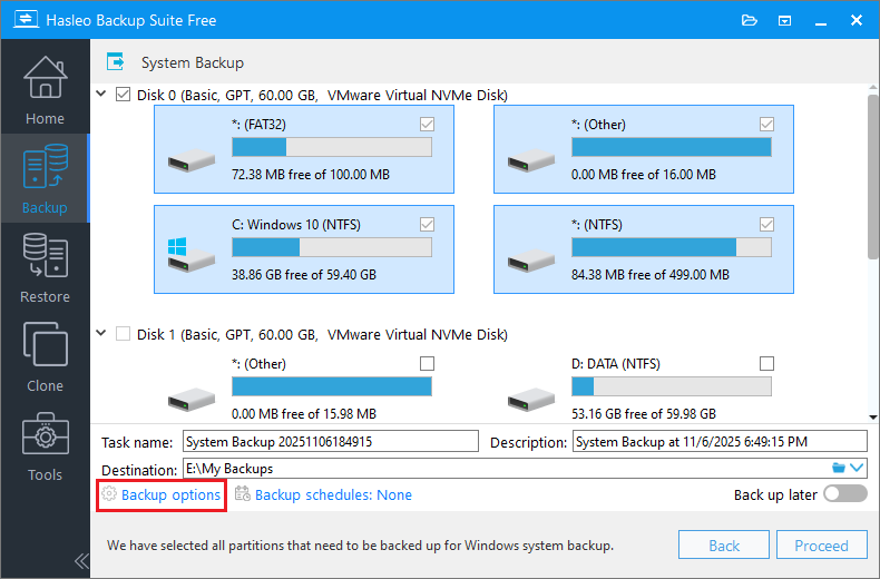 click backup options