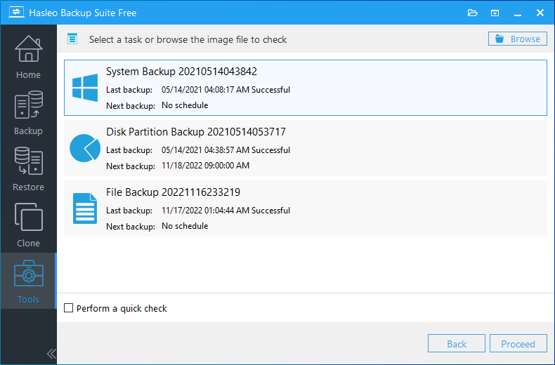 select backup task or image file to check