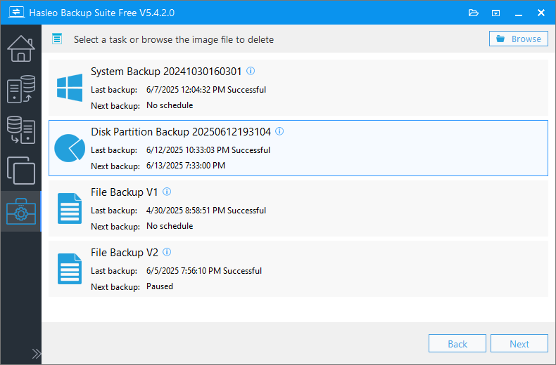 select backup task or image file to merge delete
