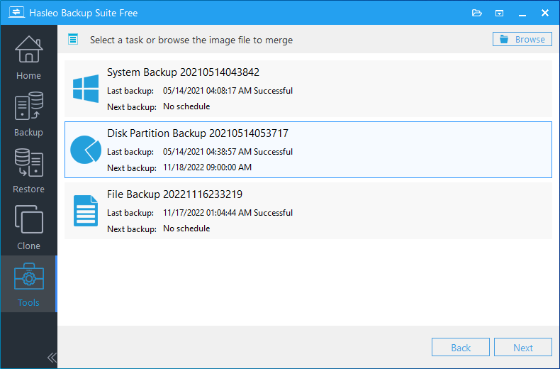 select backup task or image file to merge image