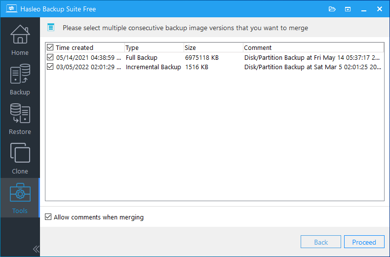 select backup versions to merge image