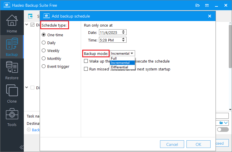 select schedule type and backup mode