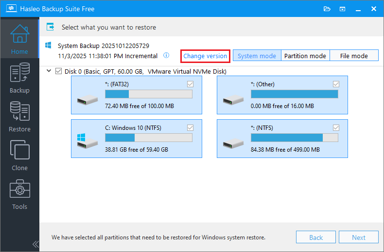 click change version