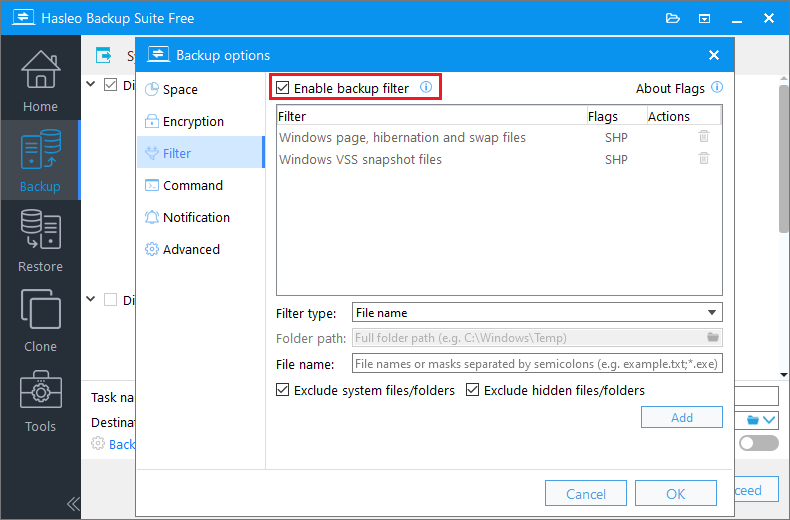 enable backup filter