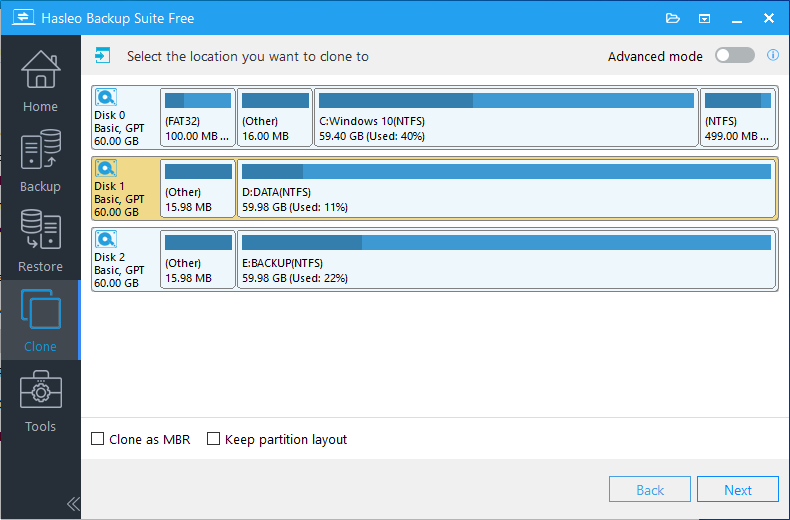 system clone select destination disk