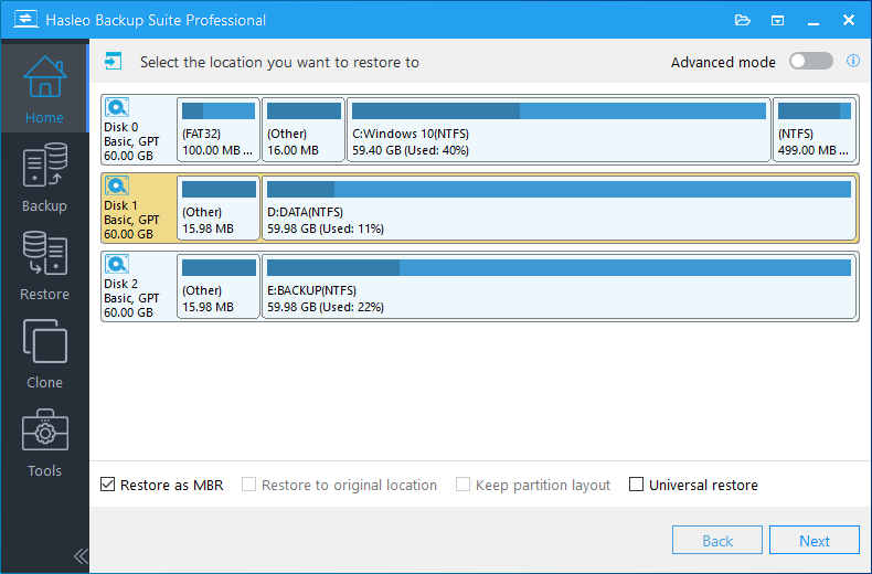 select destination disk to restore gpt system to mbr