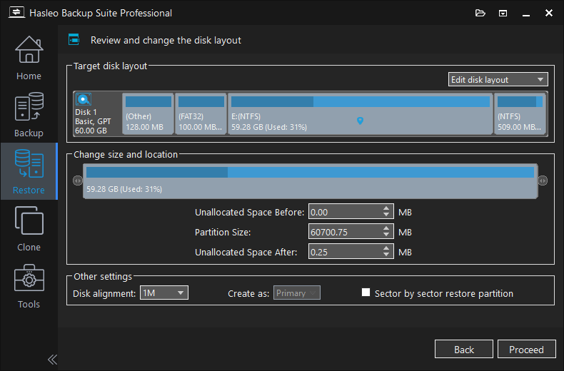 adjust partitions to restore mbr system to gpt