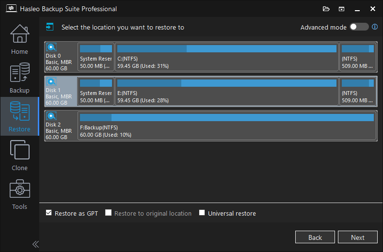 select destination disk to restore mbr system to gpt