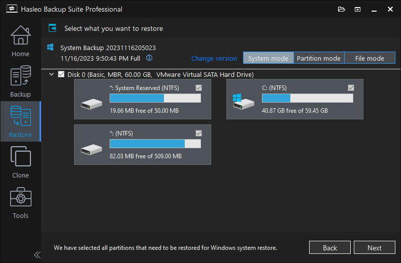 select backup version to restore mbr system to gpt