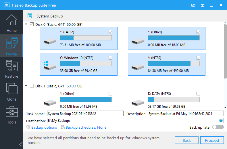 Modify Windows system backup parameters