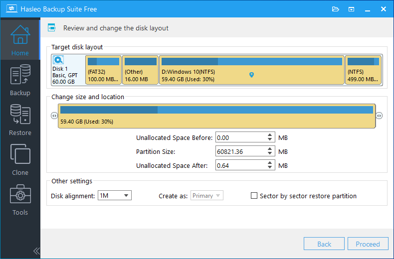 system restore adjust partitions