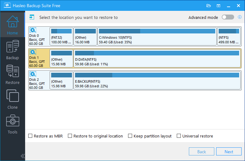 system restore select destination disk