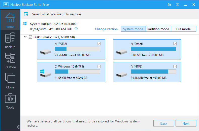 system restore select backup version