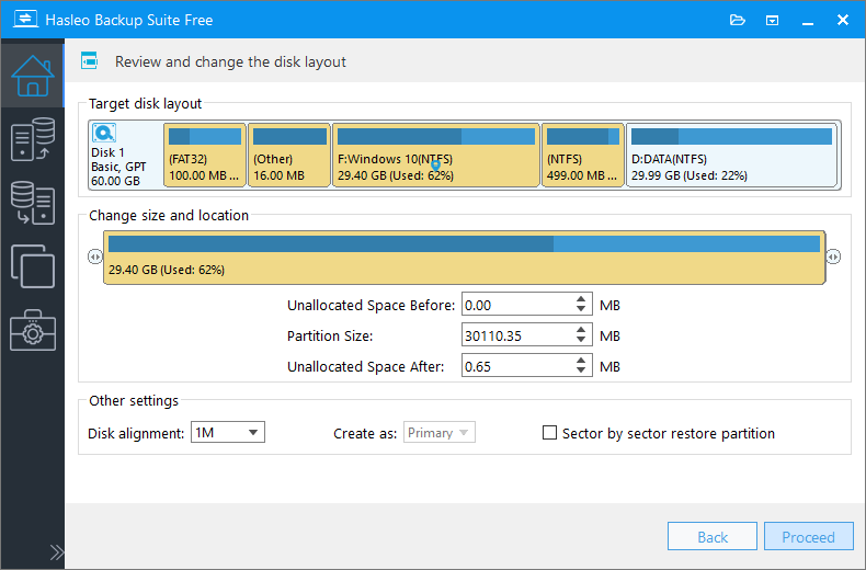 adjust partitions to restore system to contiguous space