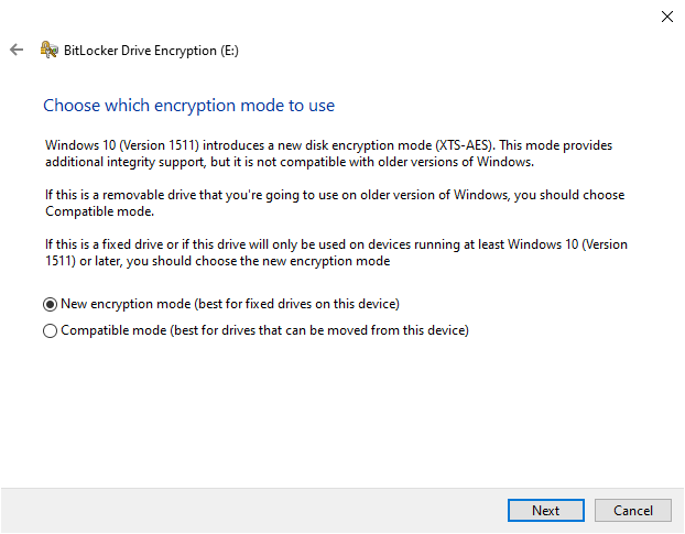 Choose encryption mode