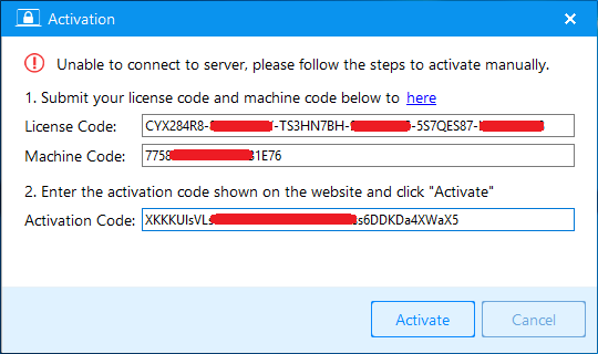 enter offline activation code
