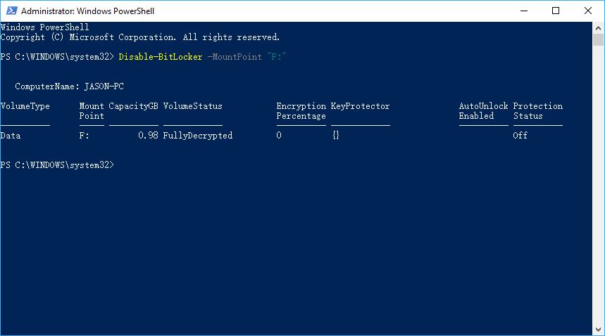 Remove BitLocker in PowerShell