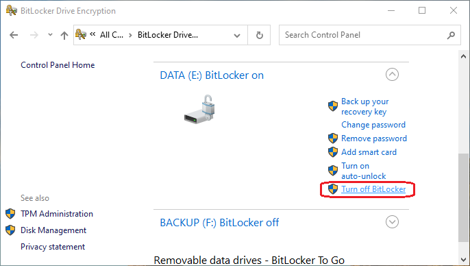 Remove BitLocker With Manage BitLocker