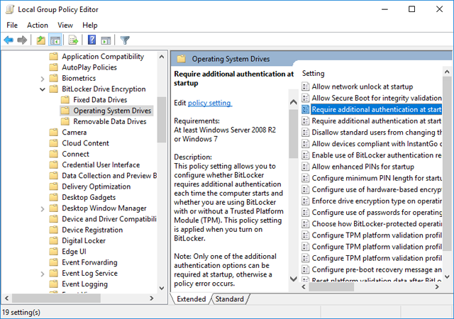 bitlocker require additional authentication at startup