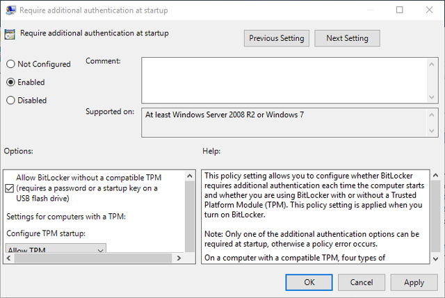 bitlocker enable authentication at startup