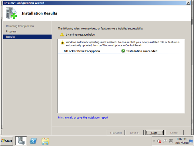 bitlocker drive encryption installation succeeded