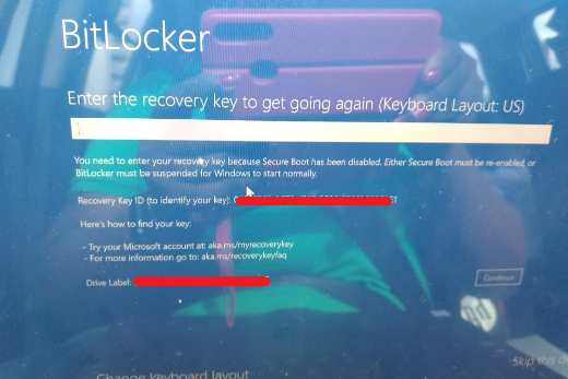 BitLocker Enter the recovery key to get going again Error