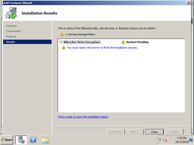 install bitlocker drive encryption need reboot