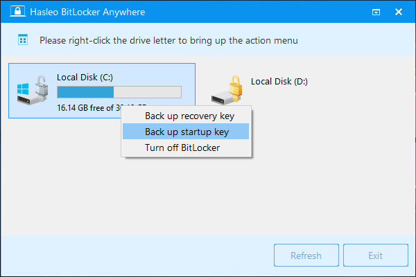 select the drive to export BitLocker startup key
