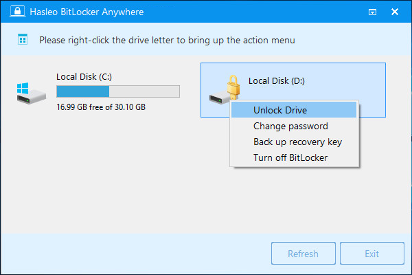 bitlocker for windows 10/7 home unlock option on right context menu