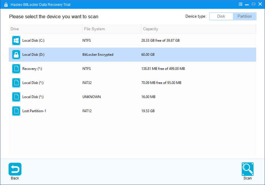 select drive to scan bitlocker partition