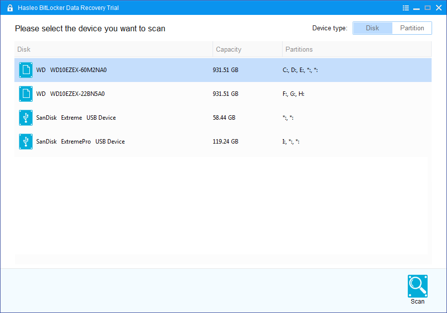 select disk to scan bitlocker partition