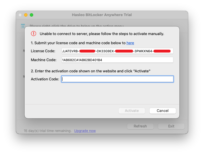 enter offline activation code