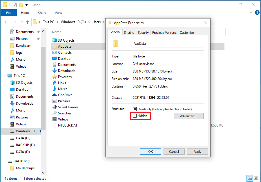 Uncheck Hidden Option