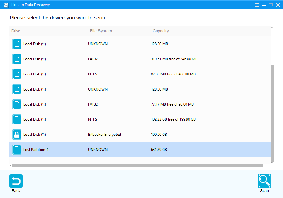 select unallocated disk space to scan