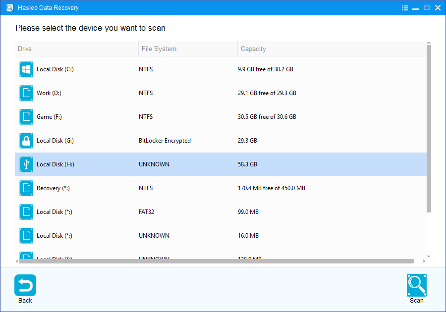 select raw usb flash drive to scan