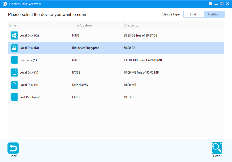 select drive to scan bitlocker partition