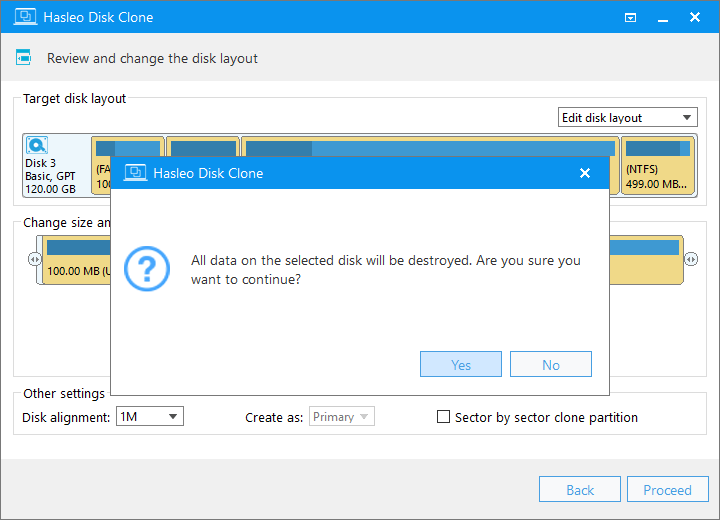 Warning prompt about data deletion on the target disk before proceeding with cloning