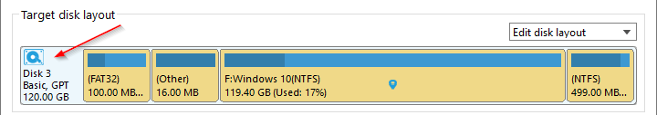 Basic disk properties displayed in the target disk layout area including disk number, type, partition table format, and capacity