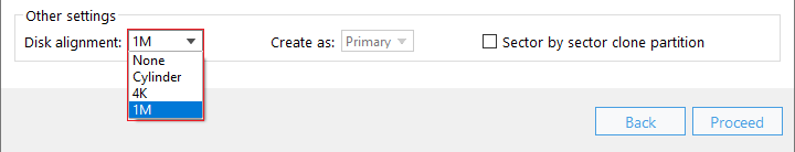 Disk alignment options dropdown showing 1M (Recommended), 4K, Cylinder, and None alignment modes